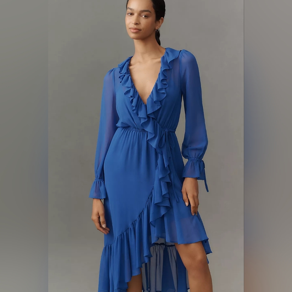 Anthropologie Blue Long-Sleeve Ruffled Asymmetric Midi Dress